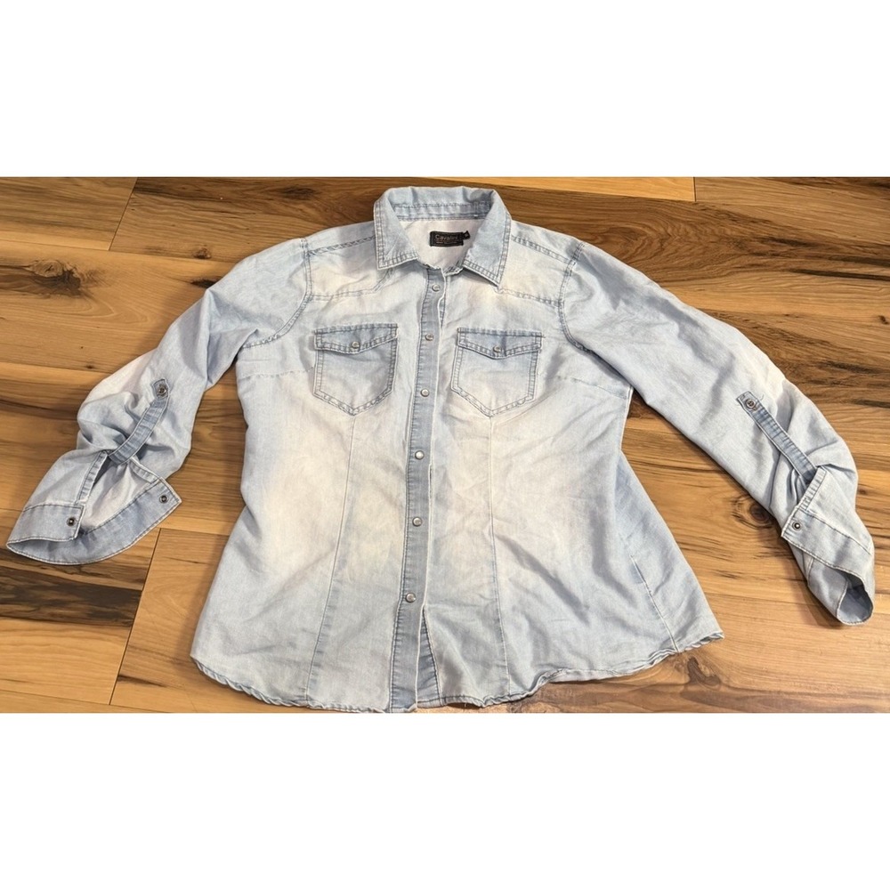 Cavalini Light Wash Denim Snap Button Western Shirt Womens XL Y2K Chambray Rodeo